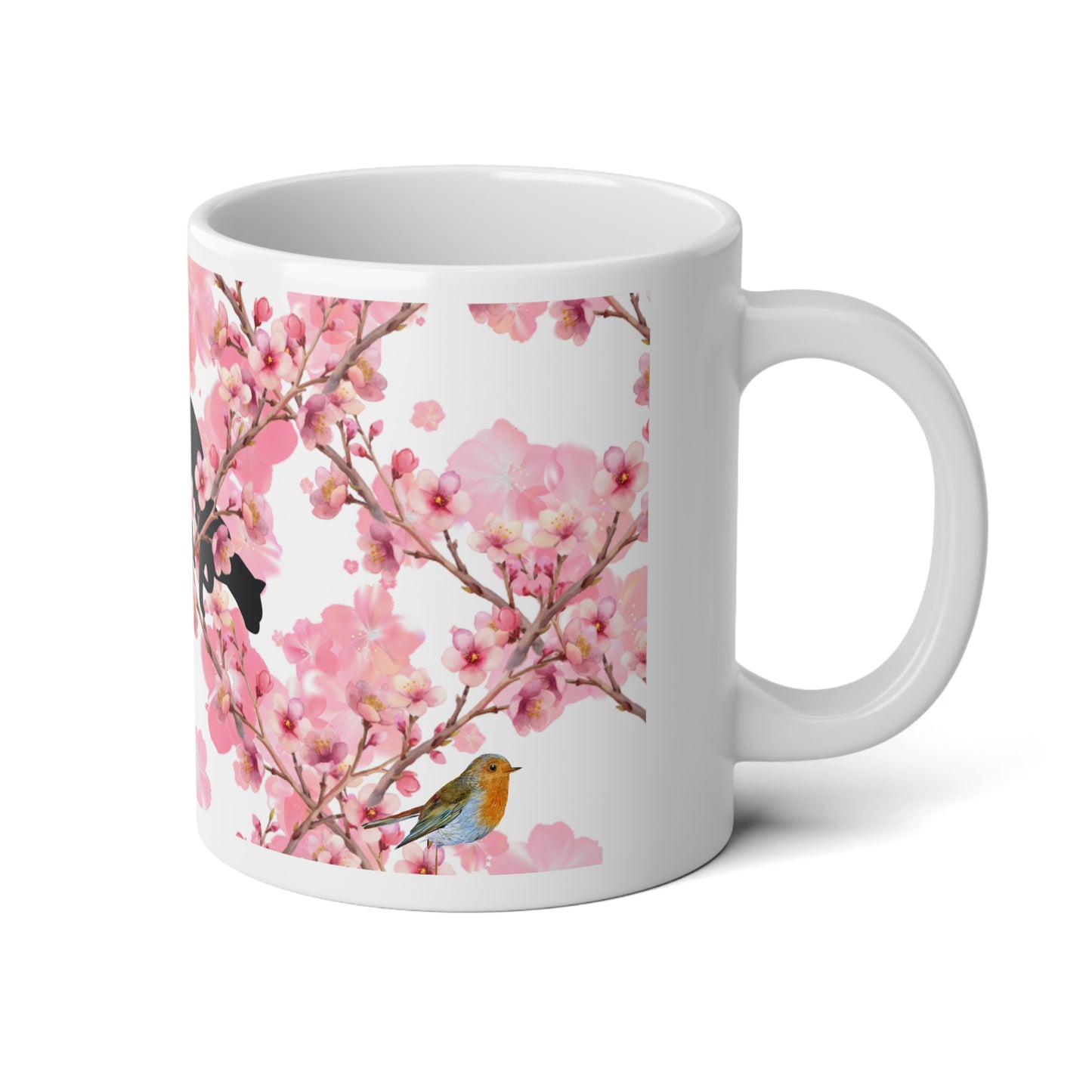 20oz Jumbo Mug — Black Cats on Pink Cherry Blossom Floral Design
