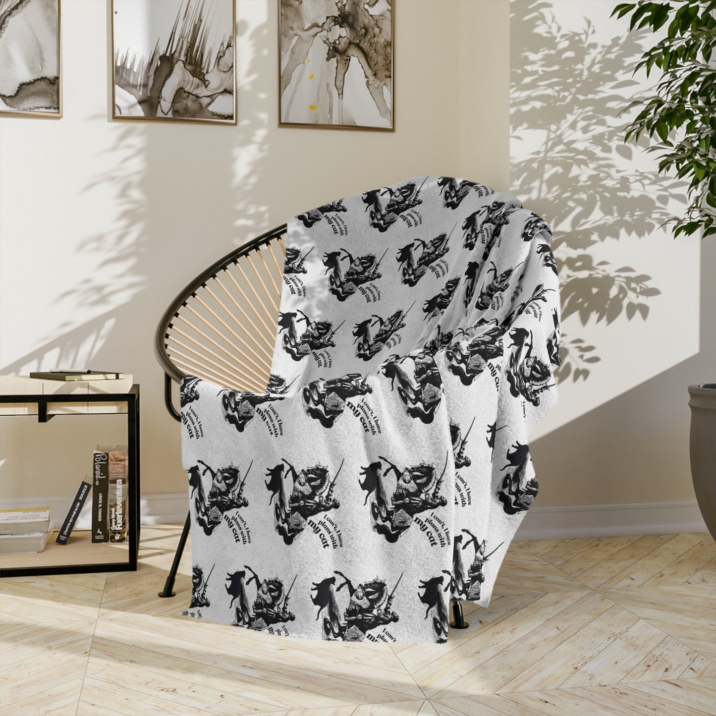 Velveteen Microfiber Blanket – Black & White "I can't, I have plans with my cat!" Throw