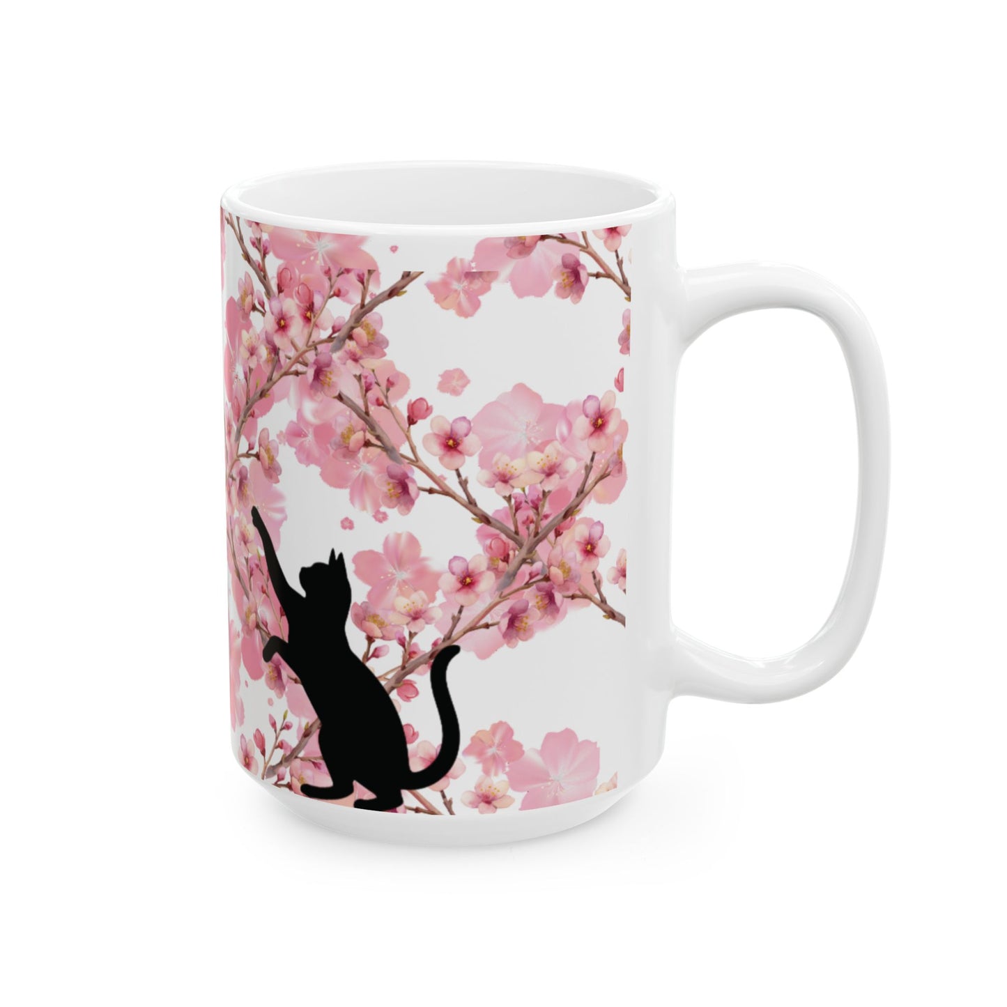 Cherry Blossom Cat and Bird Ceramic Mug — Floral Cat and Bird Coffee Cup (11oz & 15oz)