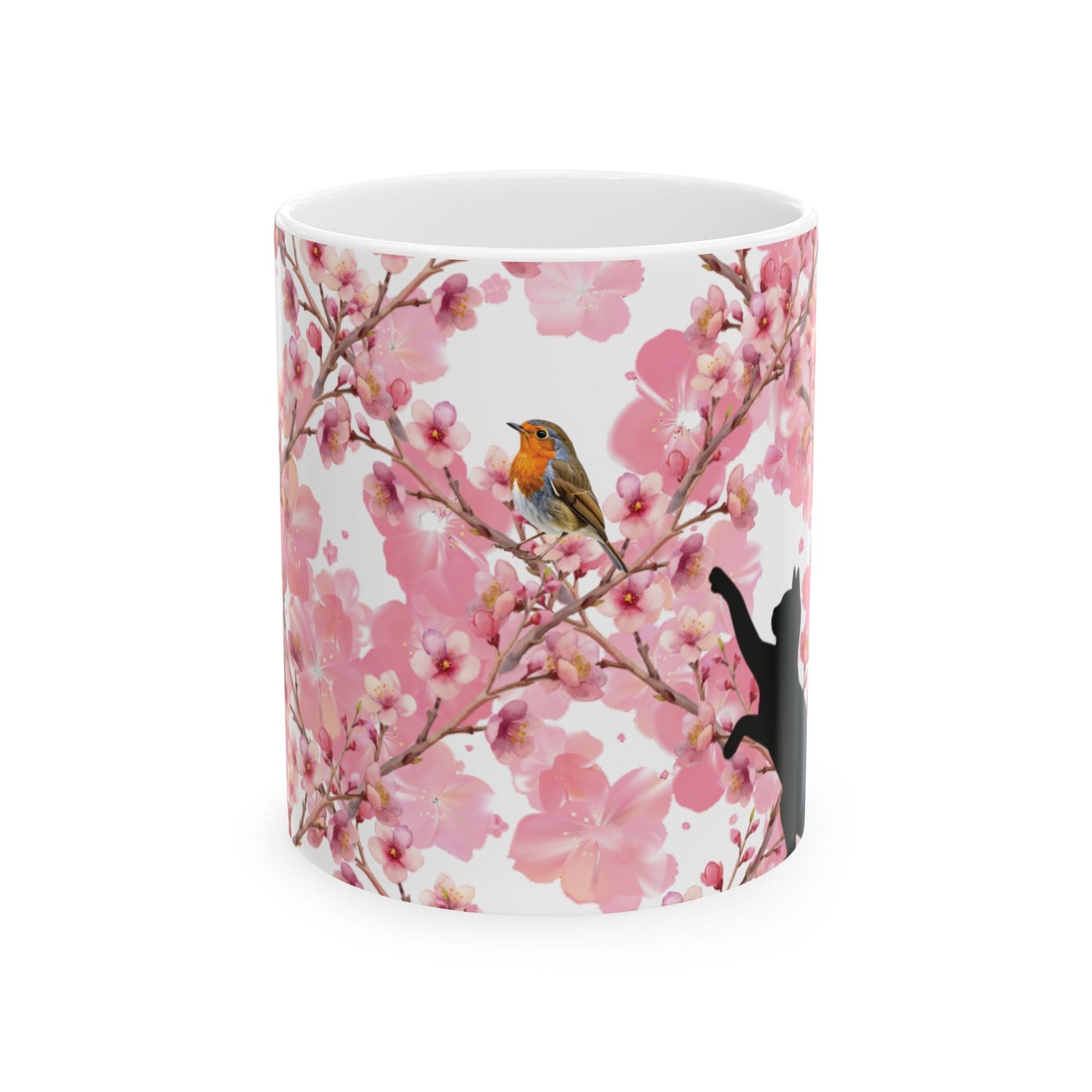 Cherry Blossom Cat and Bird Ceramic Mug — Floral Cat and Bird Coffee Cup (11oz & 15oz)