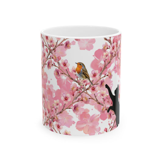 Cherry Blossom Cat and Bird Ceramic Mug — Floral Cat and Bird Coffee Cup (11oz & 15oz)