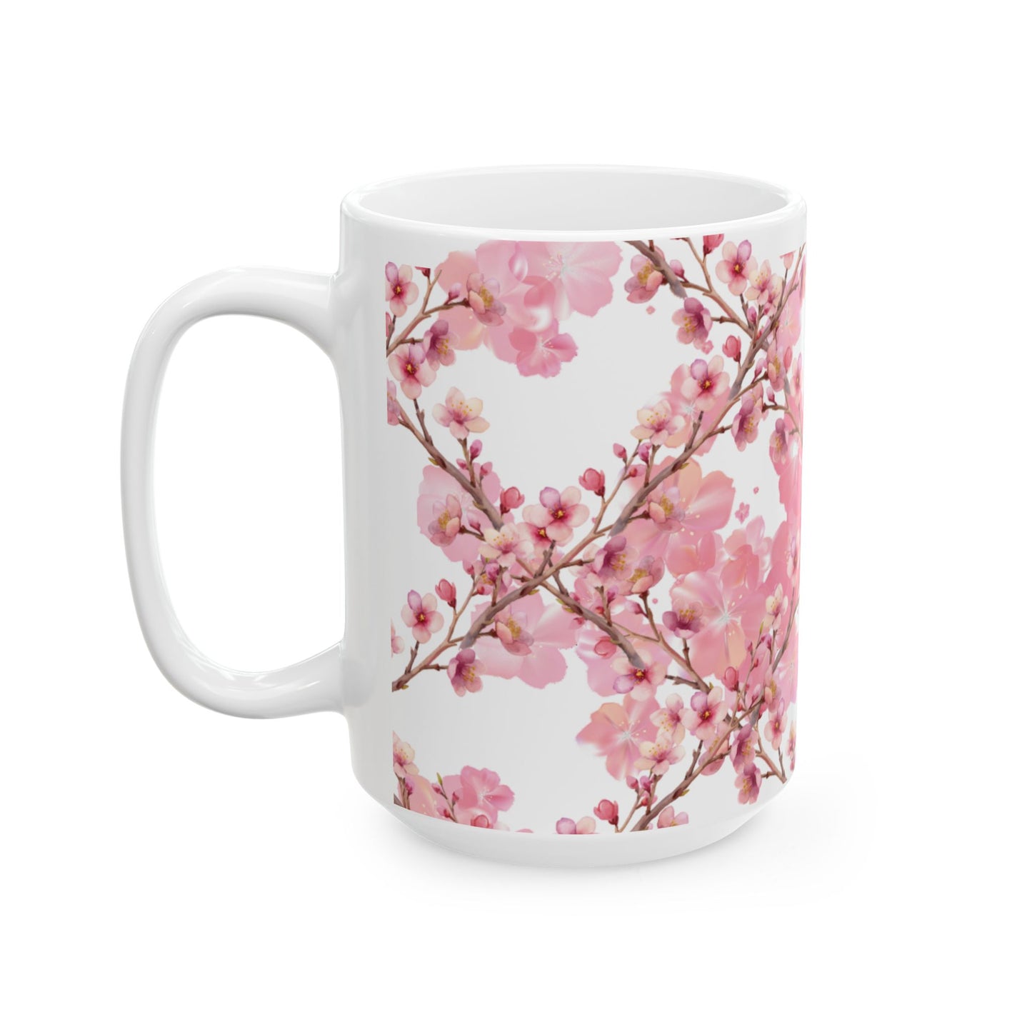 Cherry Blossom Cat and Bird Ceramic Mug — Floral Cat and Bird Coffee Cup (11oz & 15oz)