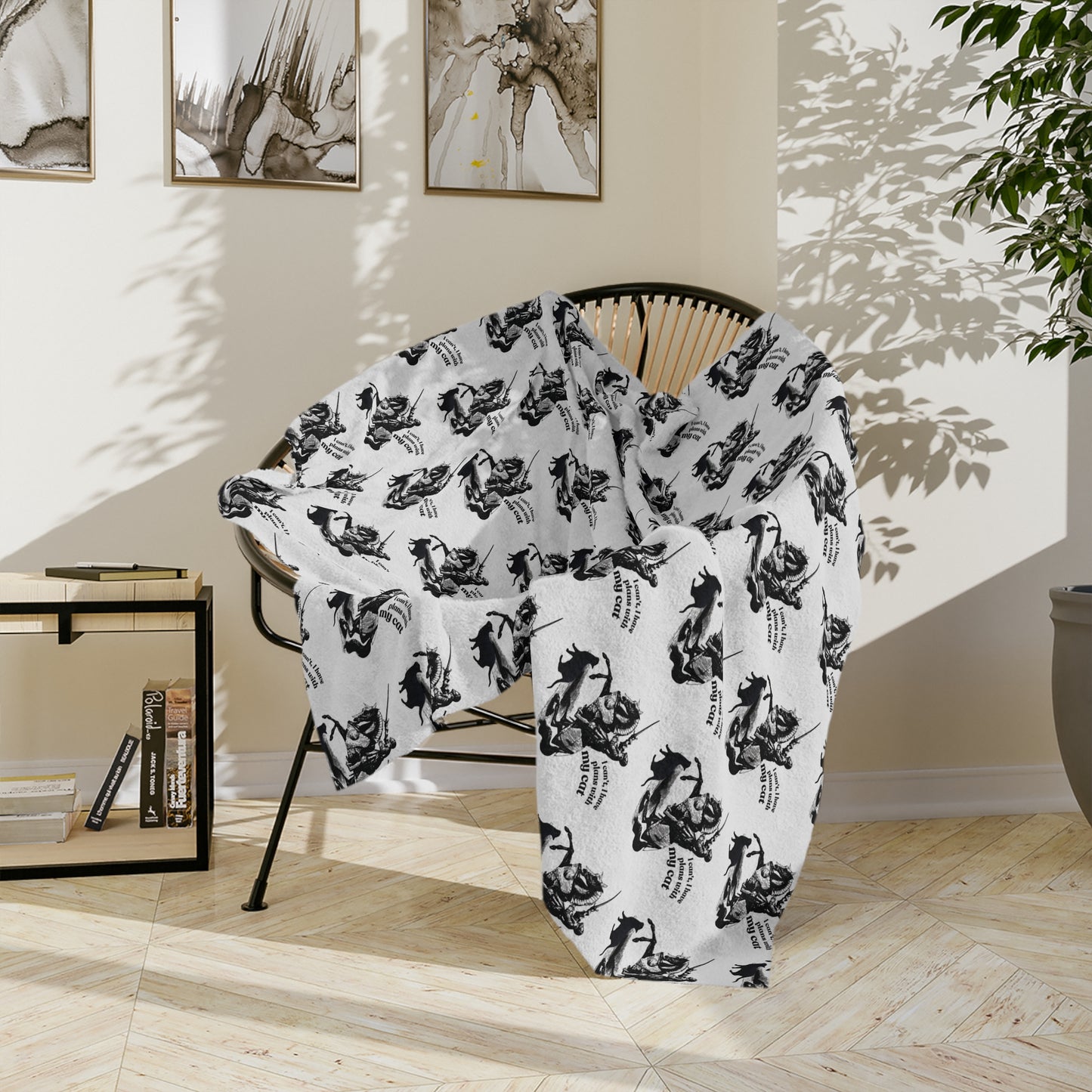 Velveteen Microfiber Blanket – Black & White "I can't, I have plans with my cat!" Throw