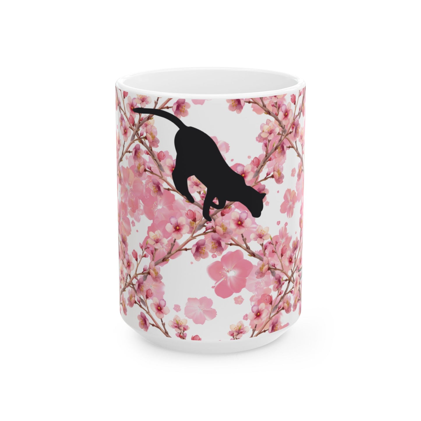 Cherry Blossom Cat Ceramic Mug — Floral Pink Sakura Coffee Cup (11oz & 15oz)