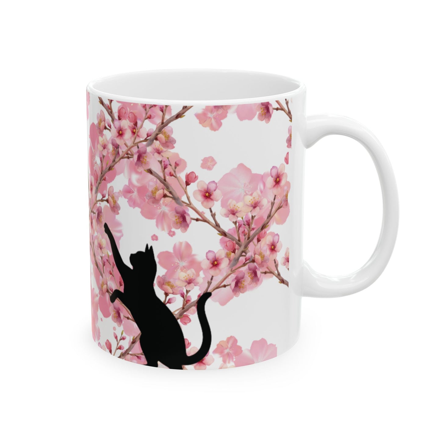 Cherry Blossom Cat and Bird Ceramic Mug — Floral Cat and Bird Coffee Cup (11oz & 15oz)