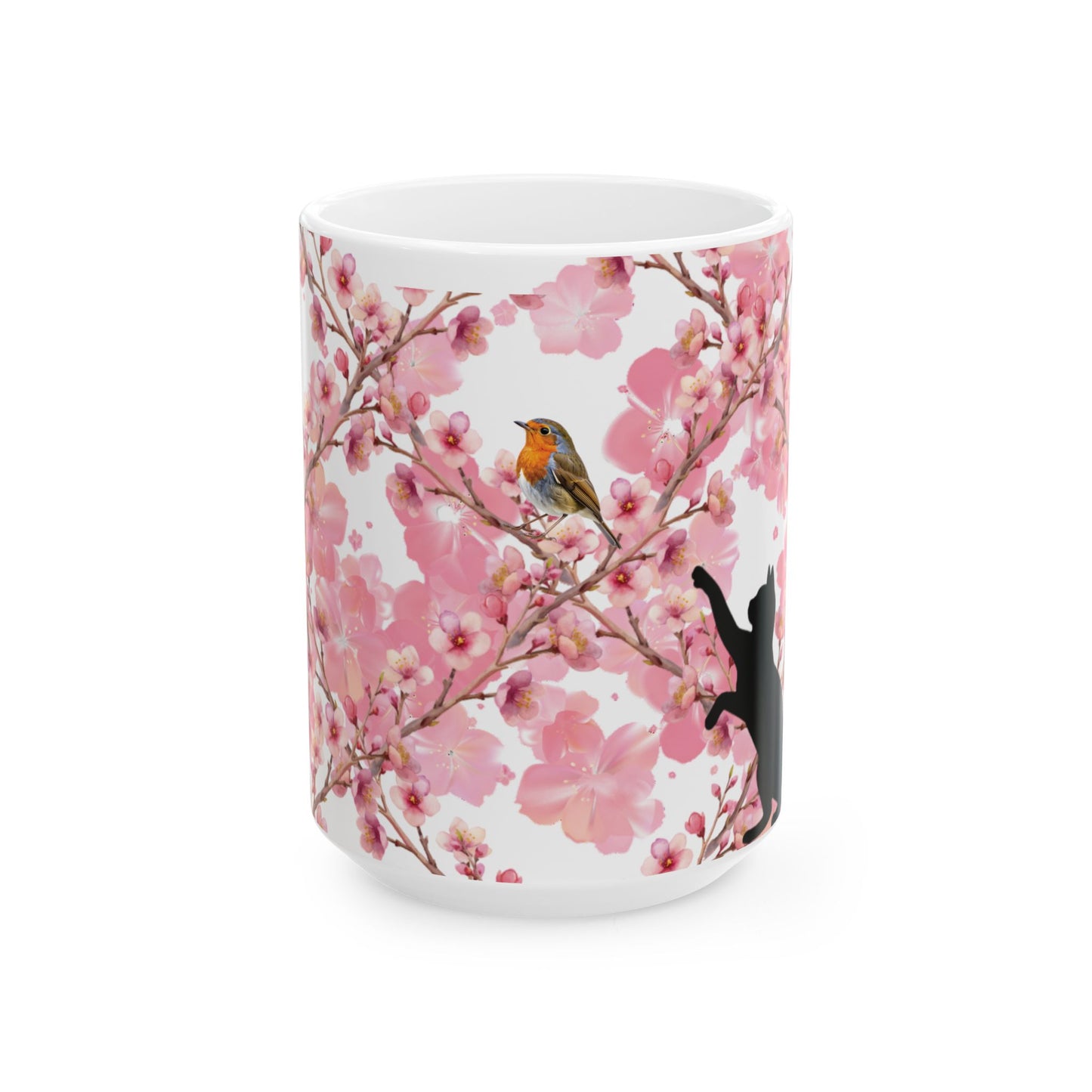 Cherry Blossom Cat and Bird Ceramic Mug — Floral Cat and Bird Coffee Cup (11oz & 15oz)