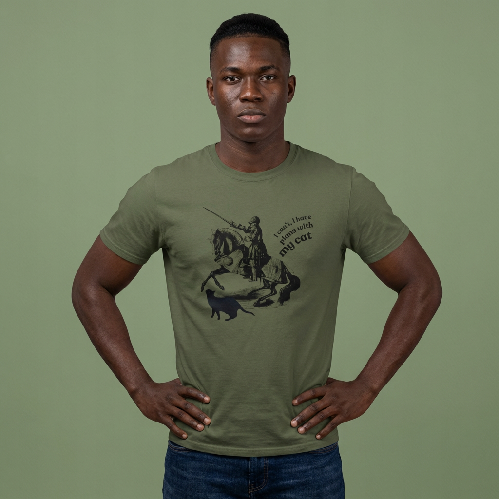 T-Shirt — Vintage Knight Illustration with Text “I can't I have plans with my cat”