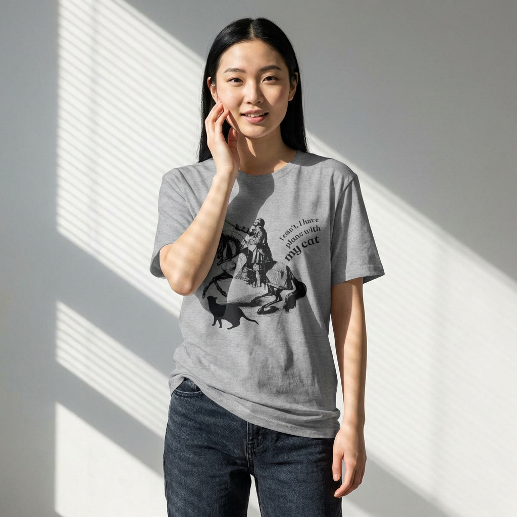 T-Shirt — Vintage Knight Illustration with Text “I can't I have plans with my cat”