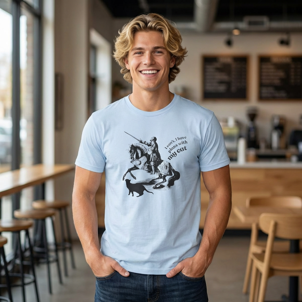 T-Shirt — Vintage Knight Illustration with Text “I can't I have plans with my cat”