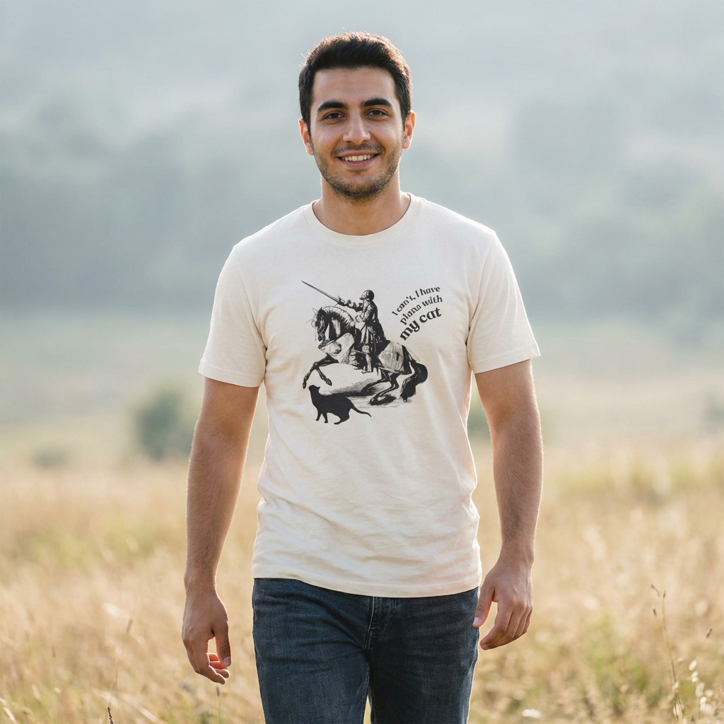 T-Shirt — Vintage Knight Illustration with Text “I can't I have plans with my cat”