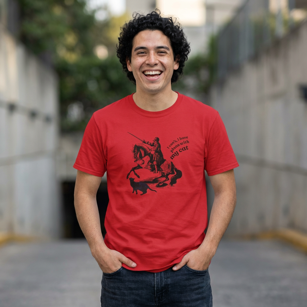 T-Shirt — Vintage Knight Illustration with Text “I can't I have plans with my cat”