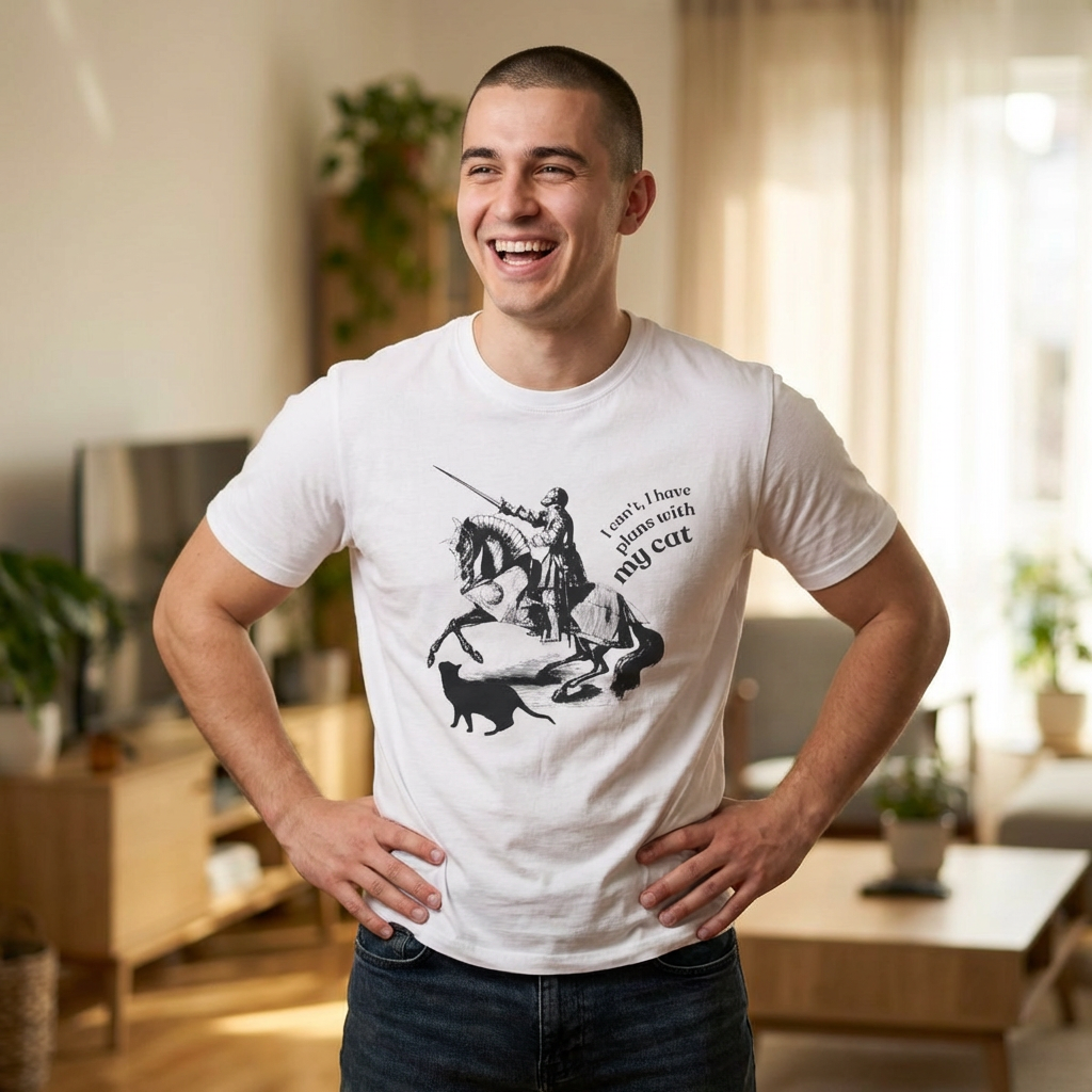 T-Shirt — Vintage Knight Illustration with Text “I can't I have plans with my cat”