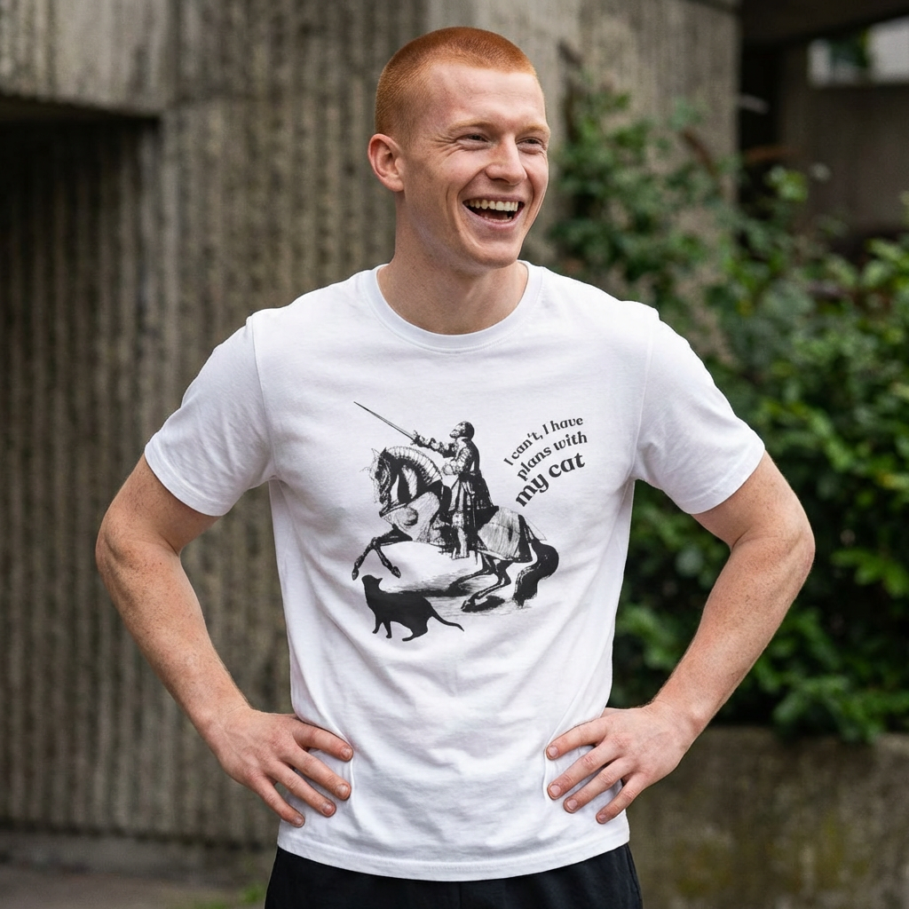 T-Shirt — Vintage Knight Illustration with Text “I can't I have plans with my cat”