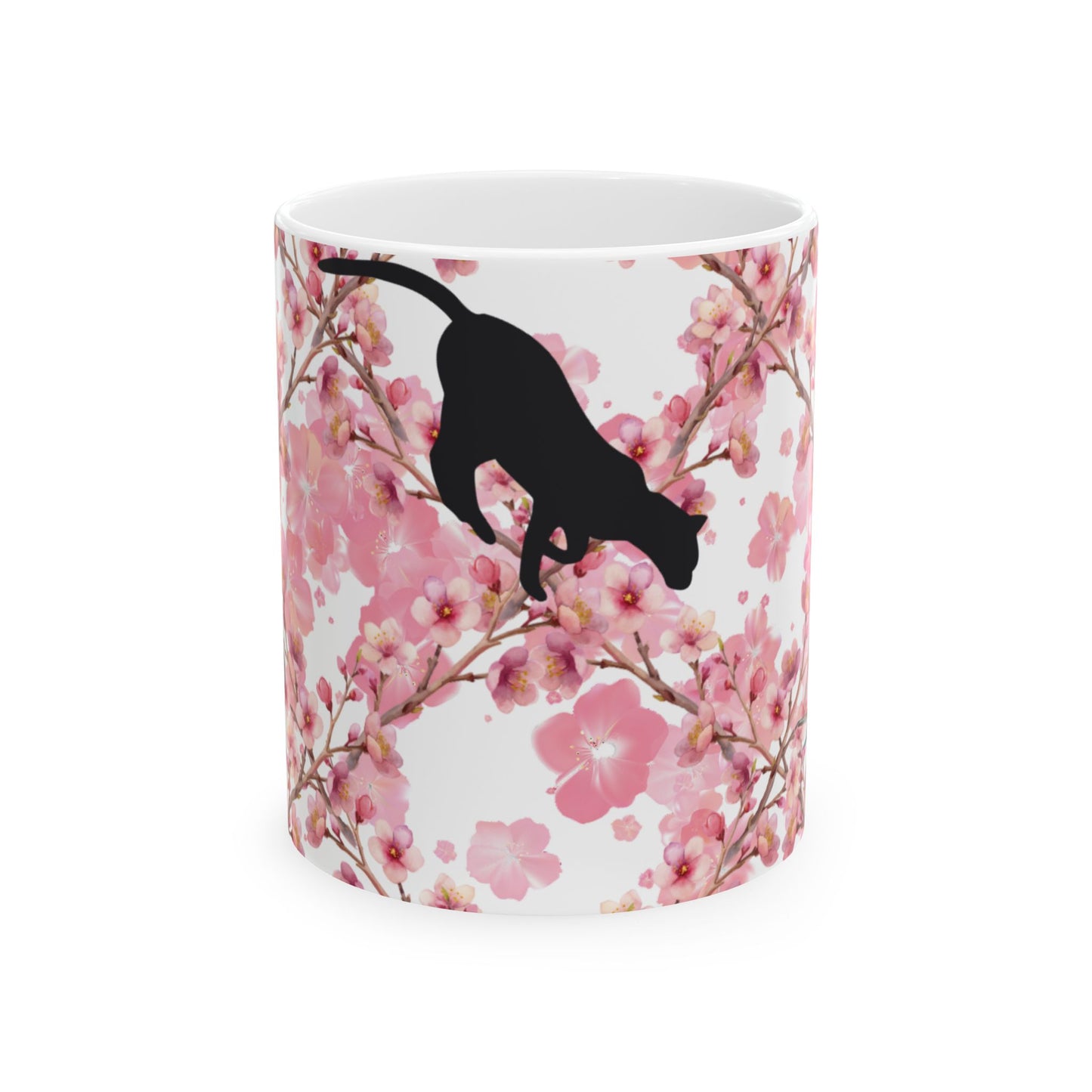 Cherry Blossom Cat Ceramic Mug — Floral Pink Sakura Coffee Cup (11oz & 15oz)