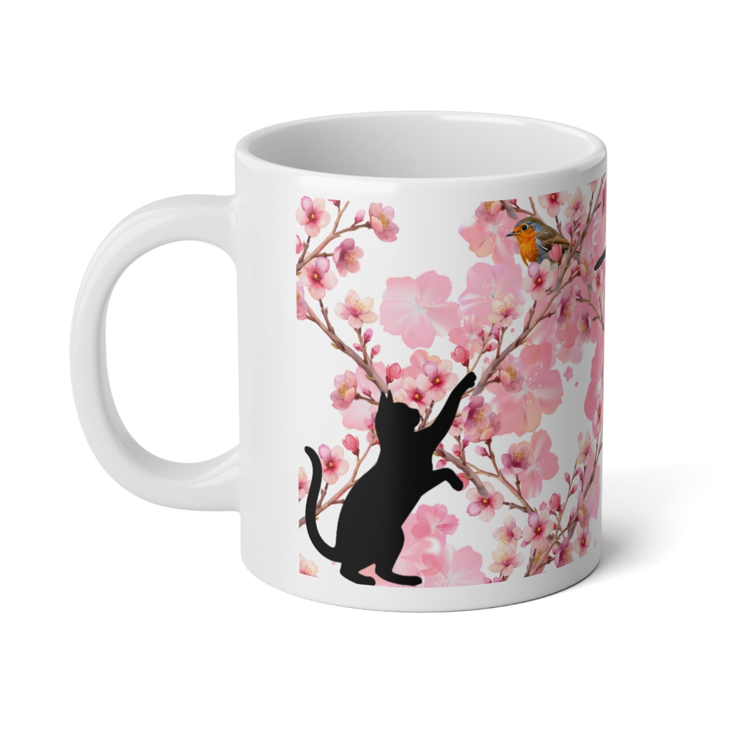20oz Jumbo Mug — Black Cats on Pink Cherry Blossom Floral Design