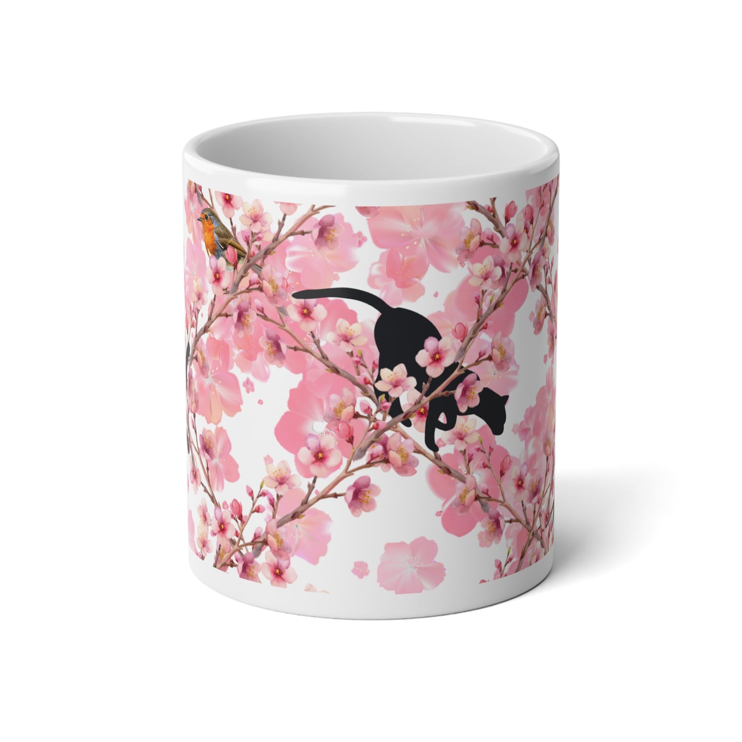 20oz Jumbo Mug — Black Cats on Pink Cherry Blossom Floral Design