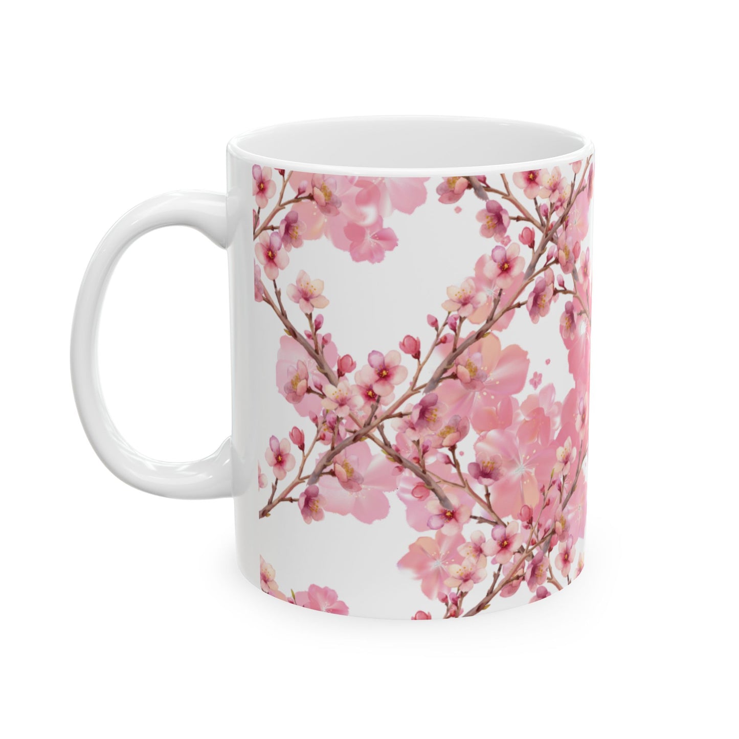 Cherry Blossom Cat and Bird Ceramic Mug — Floral Cat and Bird Coffee Cup (11oz & 15oz)